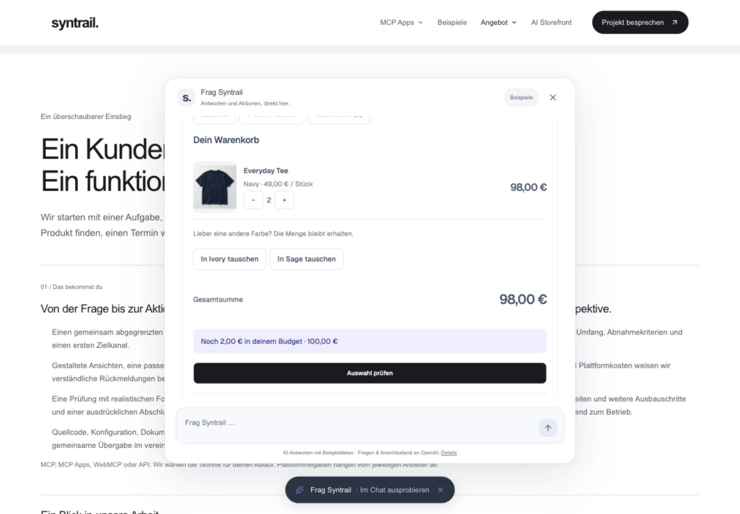 Tatsächlicher Warenkorb der Syntrail-MCP-App mit Produktbild, Menge und Preis