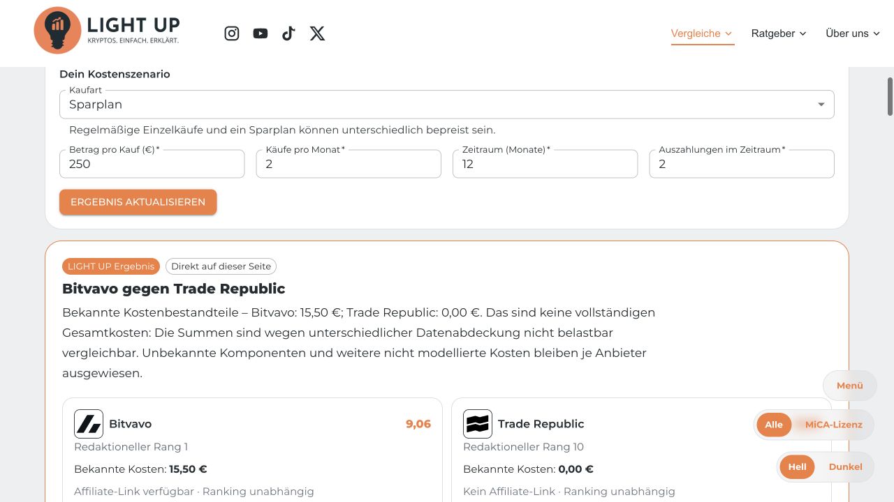 Echte Projektansicht des LIGHT-UP-Vergleichs mit Kaufszenario und Vergleichsergebnissen